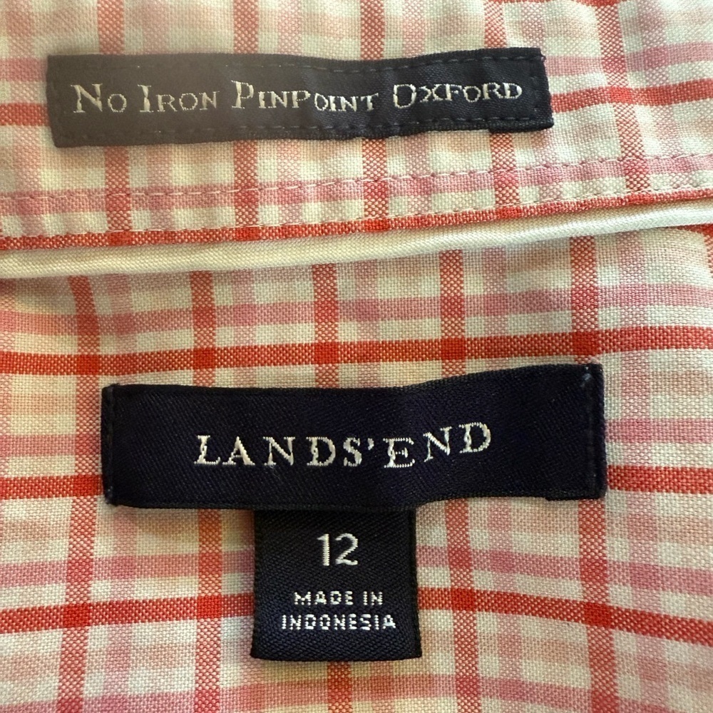 Women's Land End No Iron Pinpoint Oxford Pink Plaid Button-Up Shirt size 12 - Picture 9 of 10